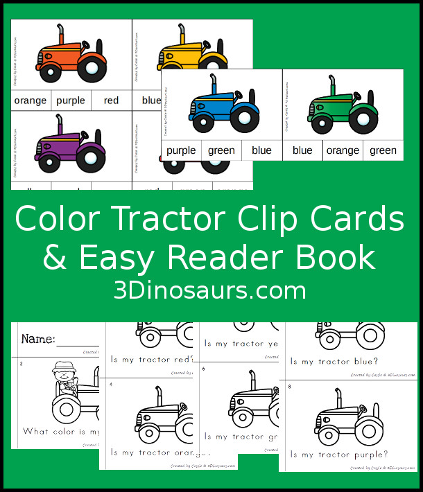 FREE Tractor Color Clip Cards & Matching Book - 6 clip cards with a matching 6-page easy reader book - 3Dinosaurs.com