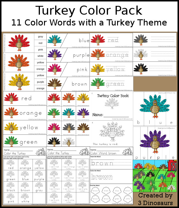 Turkey Color Pack - with 70 pages of printables with color easy reader book, color clip cards, color tracing strips, color writing strips, color pocket chart cards, color word writing, color word puzzles, and more all to work on learning color words. This is a great thanksgiving theme - 3Dinosaurs.com
