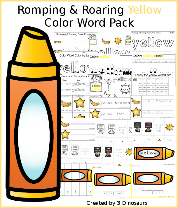 Romping & Roaring Color Yellow Word Pack - 22 pages of activities with puzzles, spelling words, dot marker words, playdough mats, pocket chart cards, small color words and more - 3Dinosaurs.com