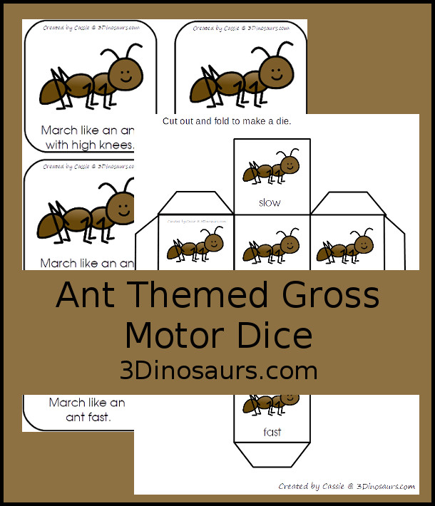 Free Ant Gross Motor Dice - 6 fun marching movements for kids to have fun with - 3Dinosaurs.com #bugsforkids #grossmotor #grossmotordice #freeprintable #3dinosaurs