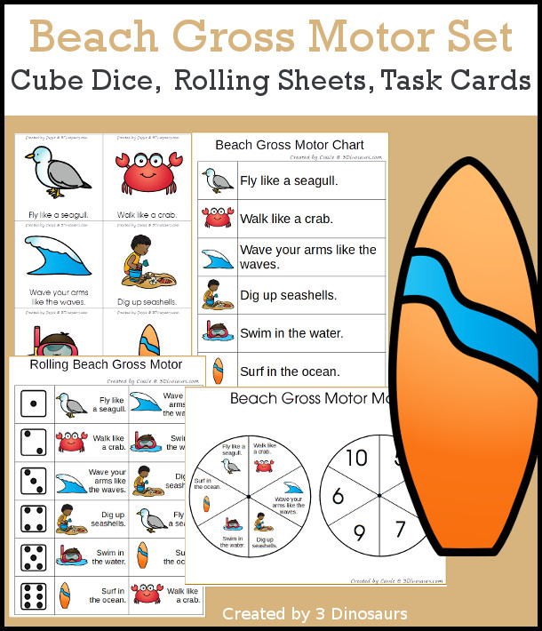 Beach Gross Motor Dice - with dice, rolling dice sheets, and gross motor cards so you can do fun summer themed movements. These are perfect for brain breaks, screen breaks, and mini gross motor centers - 3Dinosaurs.com