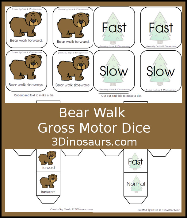 Free Bear Walk Gross Motor Dice - 3 movements with speed dice included with dice and dice incerts - 3Dinosaurs.com #grossmotor #freeprintable