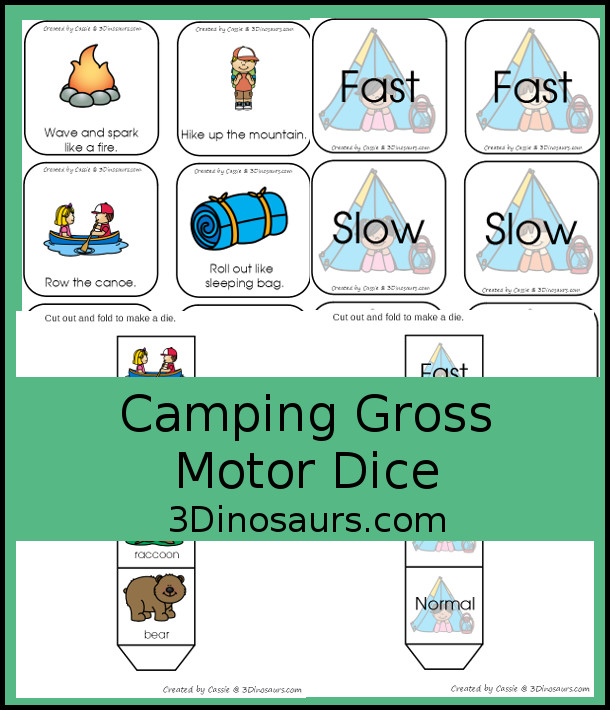 Free Camping Gross Motor Dice - 6 fun camping themes and movements with a speed dice - 3Dinosaurs.com #campingforkids #grossmotor #grossmotordice #freeprintable #3dinosaurs