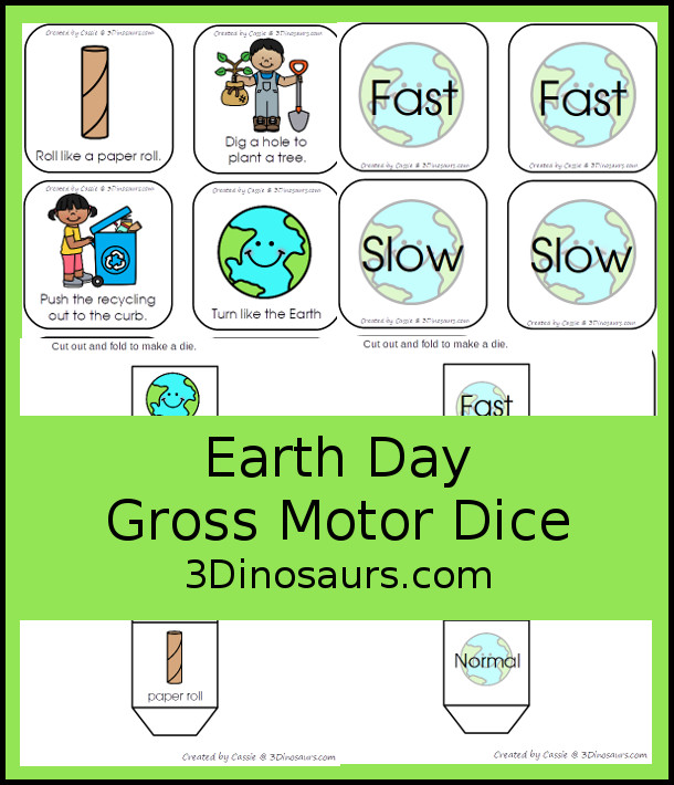 Free Earth Day Gross Motor Dice - 6 movements and speed dice for kids to have fun with - 3Dinosaurs.com #earthday #grossmotor #grossmotordice #freeprintable
