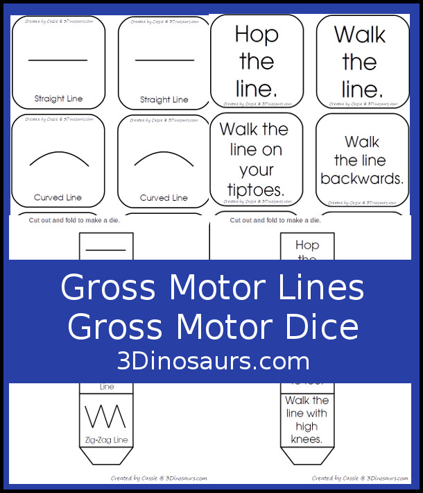Free Gross Motor Tape Lines Gross Motor Dice -  3 lines with movements suggestions included with dice and dice inserts - 3Dinosaurs.com #grossmotor #freeprintable 