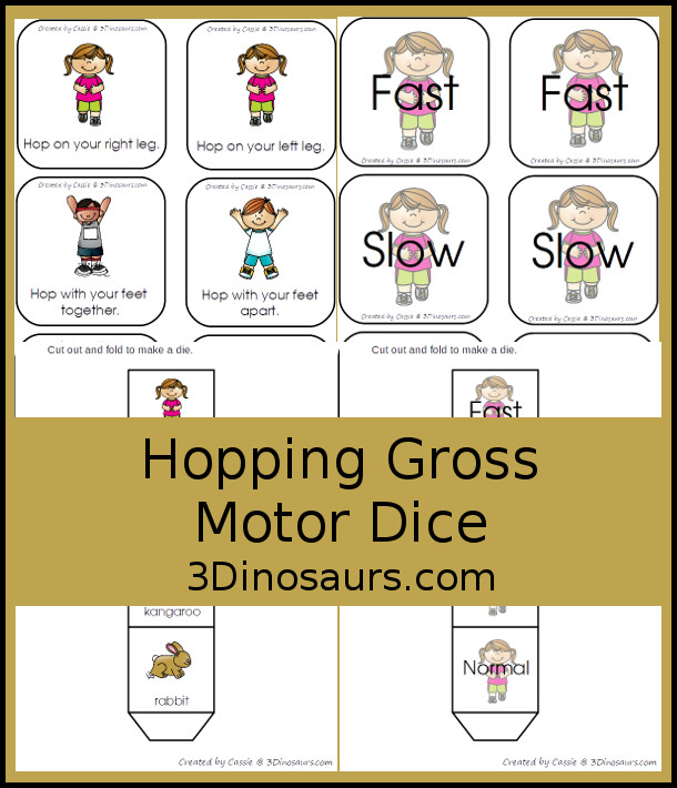 Free Hopping Gross Motor Dice -  6 movements with speed dice included with dice and dice inserts - 3Dinosaurs.com #grossmotor #freeprintable 