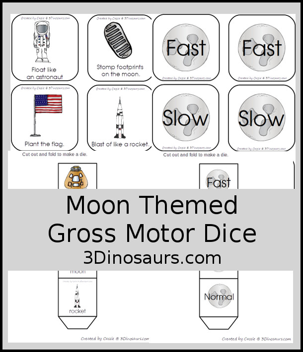 Free Moon Themed Gross Motor Dice -  6 action movements included with dice and dice inserts - 3Dinosaurs.com #space #themoon #grossmotor #freeprintable 