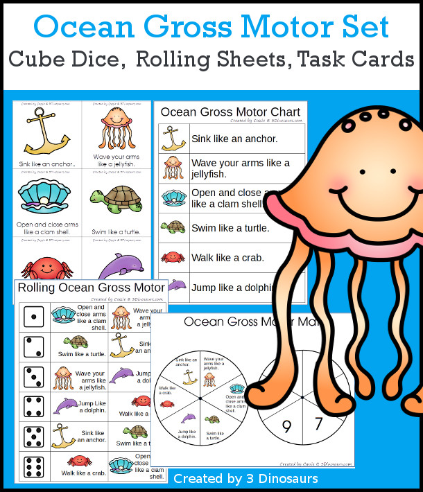 Ocean Gross Motor Dice - with dice, rolling dice sheets, and gross motor cards so you can do fun summer themed movements. These are perfect for brain breaks, screen breaks, and mini gross motor centers - 3Dinosaurs.com