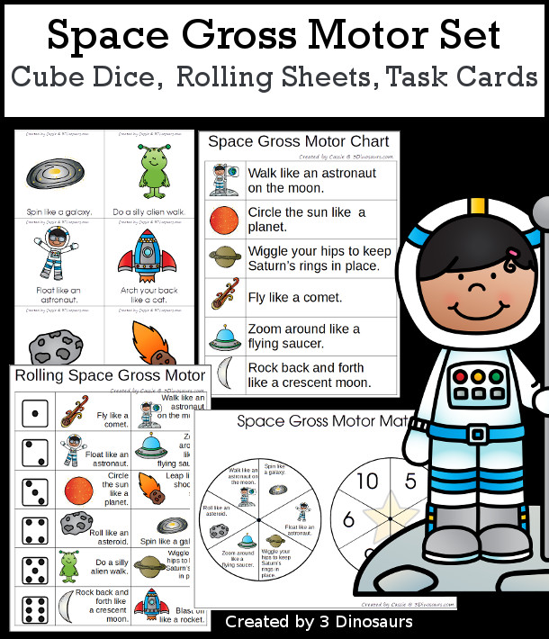 Space Gross Motor Dice - with dice, rolling dice sheets, and gross motor cards so you can do fun space themed movements. These are perfect for brain breaks, screen breaks, and mini gross motor centers - 3Dinosaurs.com