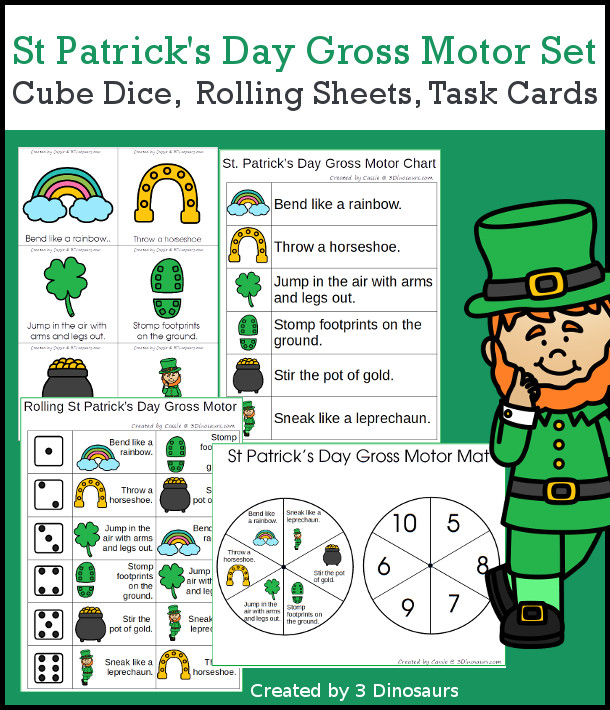 St. Patrick's Day Gross Motor Set- with dice, rolling dice sheets, and gross motor cards so you can do fun St. Patrick's Day themed movements. These are perfect for brain breaks, screen breaks, and mini gross motor centers - 3Dinosaurs.com