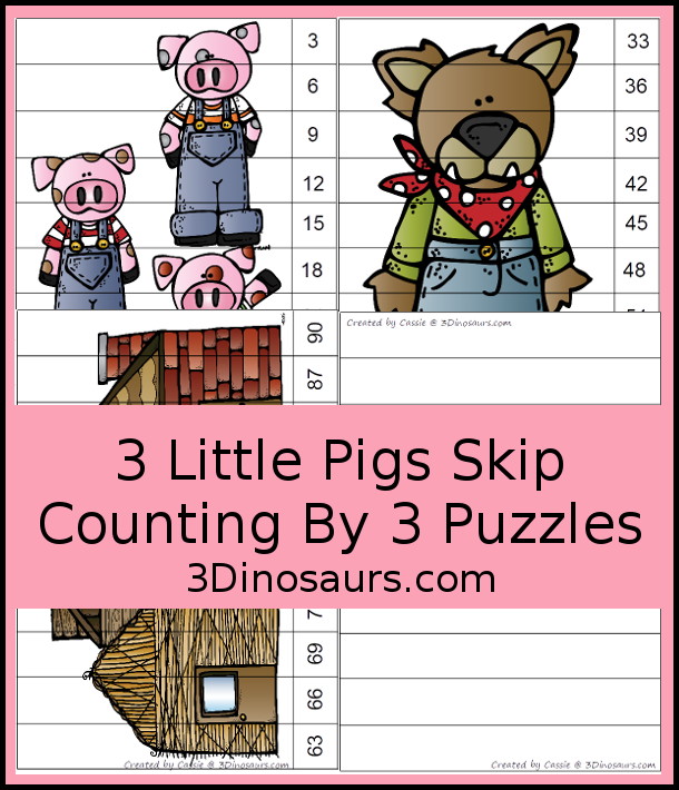 Free Three Little Pigs Skip Counting by 3 Puzzles Printables - you have three skip counting puzzles each skip counting by 3. You have 3 to 30, 33 to 60 and 63 to 90. Each puzzle skip counting by 3 ten times. - 3Dinosaurs.com