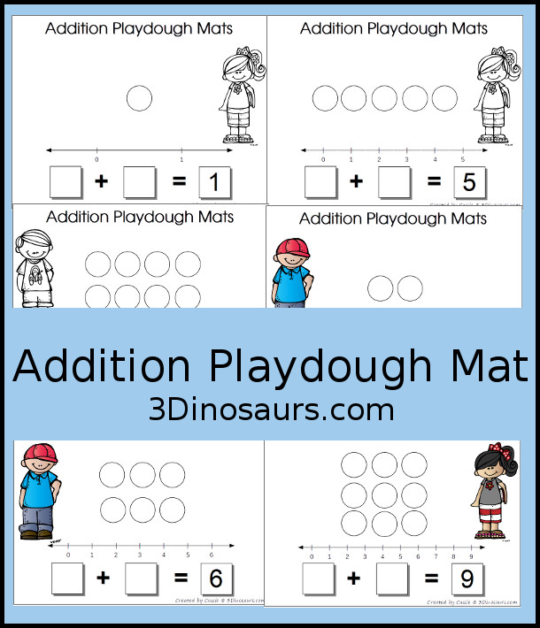 Free Addition 1 to 10 Playdough Mats - Fun hands on mats with playdough area, number line help and place to write the equation - 3Dinosaurs.com  #3dinosaurs #kindergarten #firstgrade #addition #handsonmath #freeprintable