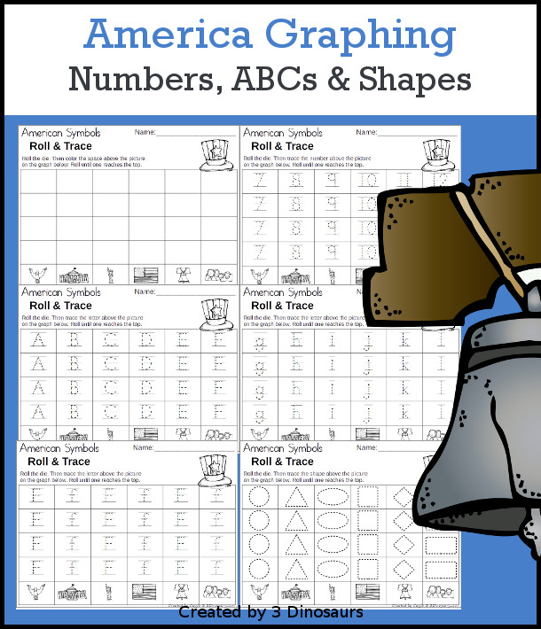 American Roll & Graph With Trace Letters, Numbers & Shapes with a folding die and cube die with a graphing sheet, graphing with tracing numbers, graphing with tracing letters and graphing with tracing shapes. All with a fun American theme for Fourth of July, Memorial Day and other US Holidays for prek and kindergarten - 3Dinosaurs.com