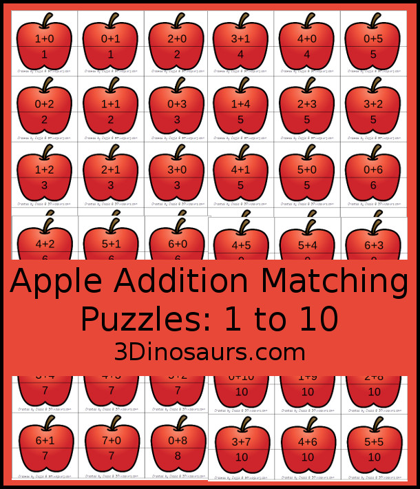 Free Apple 2 Piece Addition Matching Puzzles - Addition 1 to 10 - fun two piece matching puzzles for addition with numbers from 1 to 10 with addition equation on the top and the answer on the bottom of the apple - a great subscriber freebie - 3Dinosaurs.com