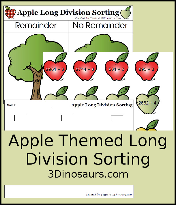 Free Apple Long Division Sorting Activity - sorting page, 12 apples and long division writing page - 3Dinosaurs.com