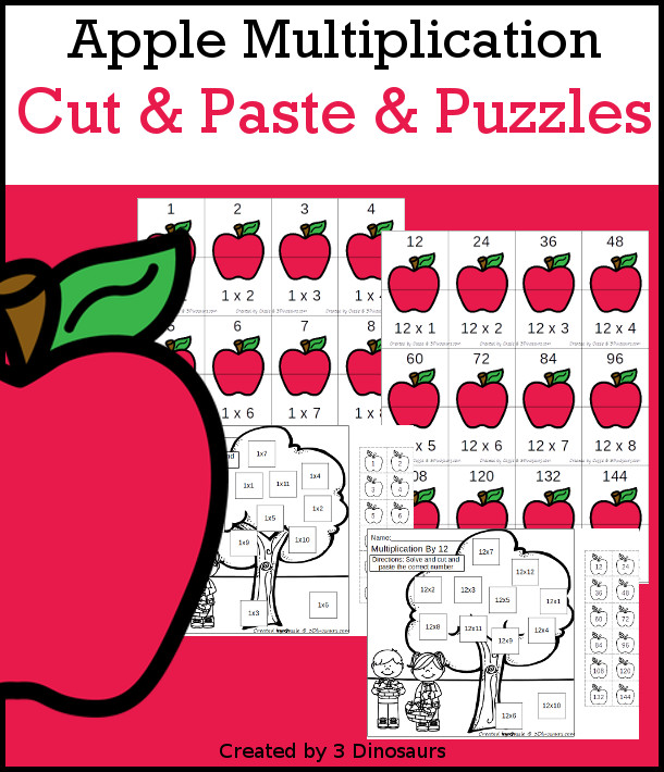 Apple Multiplication Cut & Paste & Puzzles Printable Set  - a set of cut paste worksheets with matching the answer to the equation and 12 puzzles for matching the answer to the equation for multiplication 1 to 12.- 3Dinosaurs.com