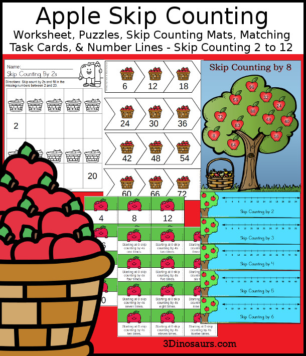 Apple Skip Ocunting Set with puzzles worksheets, skip counting mats and more.- 3Dinosaurs.com
