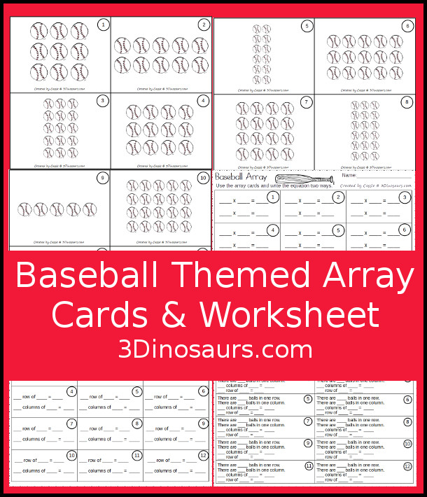Free Baseball Themed Array Task Cards - 12 cards with 3 matching worksheets for different levels of learning - 3Dinosaurs.com