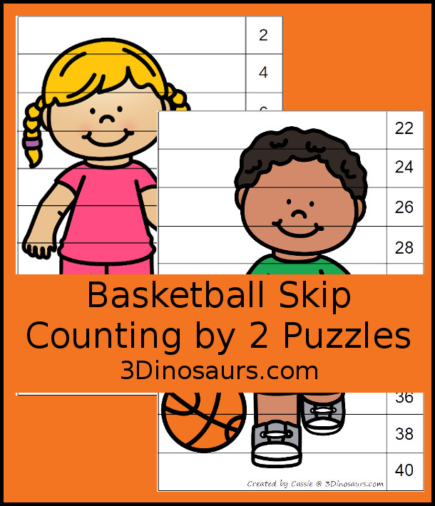 Free Basketball Skip Counting by 2 Puzzles - two skip counting puzzles for 2 to 20 and 22 to 40 for kids to learning skip counting by 2 - 3Dinosaurs.com