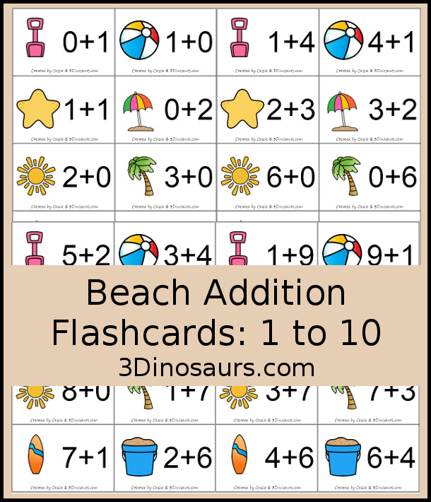 Free Beach Addition Flashcards with addition from 1 to 10 with all the ways to add up to each number - 3Dinosaurs.com