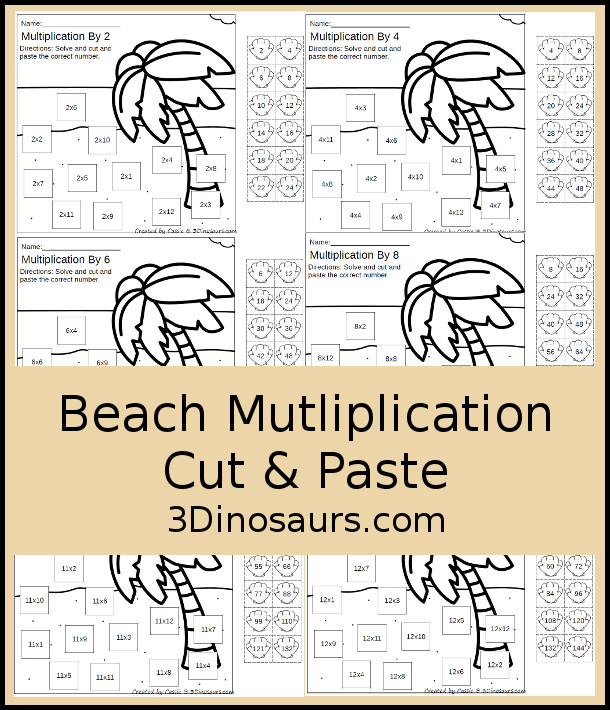 Free Beach Multiplication Cut & Paste - they work on multiplication from 1 to 12 with 12 cut and paste on each page in black and white - 3Dinosaurs.com #3dinosaurs #nopreprintable #freeprintable #multiplication #thirdgrade #fourthgrade