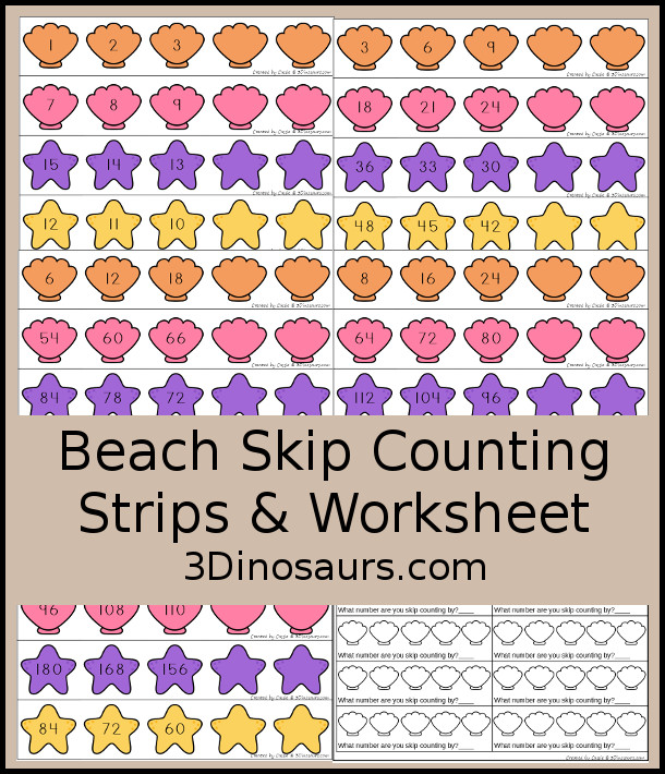 Free Beach Skip Counting Strips - a fun shell skip counting printable with skip counting from 1 to 12 for kids to work on skip counting forward and backward with a fun recording sheet - 3Dinosaurs.com