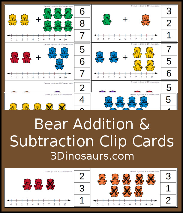 Free Bear Addition and Subtraction Clip Cards - 10 cards for each type of math with a colorful bears, numberline and clip numbers to work on addition and subtraction from 1 to 10 - 3Dinosaurs.com