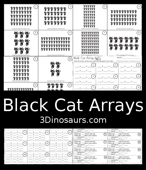 Free Black Cat Themed Array Cards with Matching Worksheets - 12 cards with 5 matching worksheets to use with them - 3Dinosaurs.com #arrays #mathforkids #thirdgrade #blackcatthemed #freeprintable #halloween