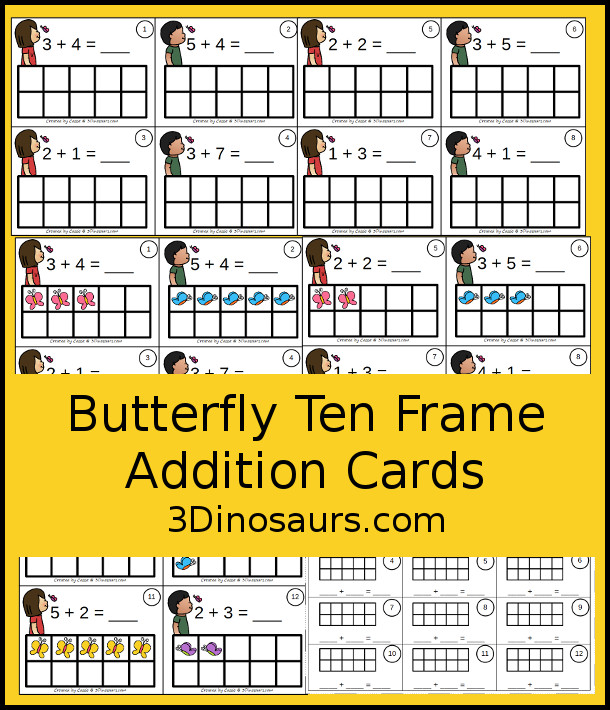Free Butterfly Addition Ten Frame Cards - 2 sets of cards with matchign recording sheet. These are great for individual practice or a math center  - 3Dinosaurs.com