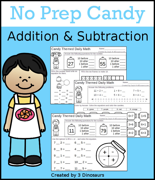 No Prep Halloween Themed Addition & Subtraction - 30 pages no-prep printables with a mix of addition and subtraction activities plus a math center activity - 3Dinosaurs.com #noprepmath #tpt #addition #subtraction