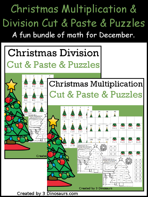 Christmas Multiplication & Division Cut & Paste and Matching with cut and paste worksheets for division and multiplication with numbers 1 to 12 and match puzzles and matching mats for division and multiplication - 3Dinosaurs.com