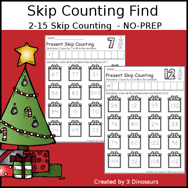 Christmas Skip Counting Number Find - with skip counting from 2 to 15 for kids to use. - 3Dinosaurs.com