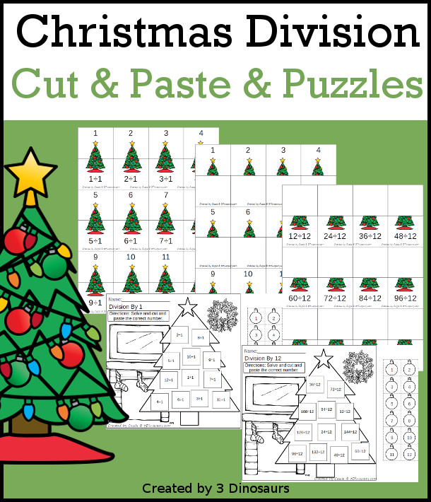 Christmas Division Cut & Paste and Matching with cut and paste worksheets for division with numbers 1 to 12 and puzzles and matching mats  - 3Dinosaurs.com