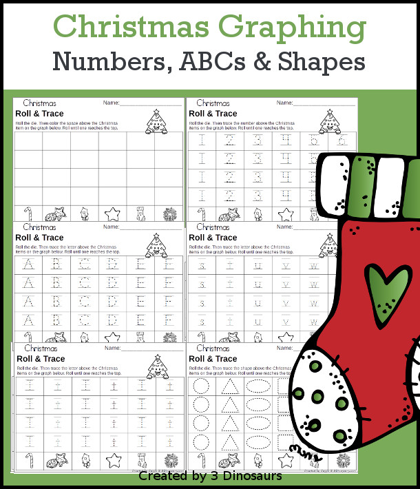 Christmas Roll & Graph With Trace Letters, Numbers & Shapes with a folding die and cube die with a graphing sheet, graphing with tracing numbers, graphing with tracing letters and graphing with tracing shapes. All with a fun Christmas theme for Christmas for PreK and kindergarten - 3Dinosaurs.com