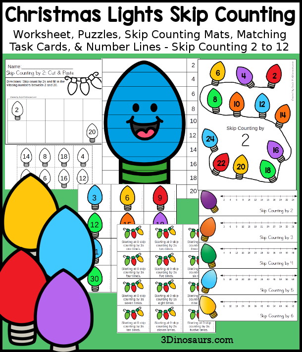 Christmas Lights Skip Counting Set - with no-prep Christmas lights worksheets, Christmas lights skip counting mats, Christmas lights skip counting 10 piece puzzles, and Christmas lights task cards to work on skip counting from 2 to 12 - 3Dinosaurs.com