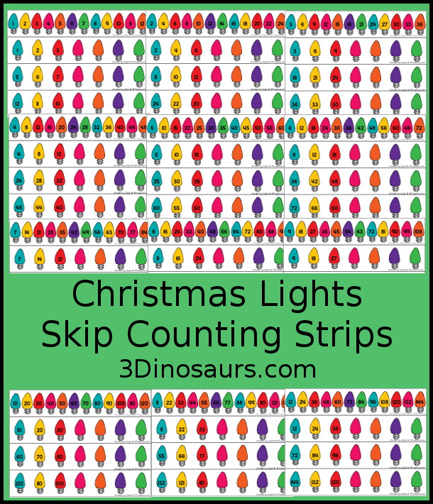 Free Christmas Lights Skip Counting Strips - a fun Christmas Lights skip counting printable with skip counting from 1 to 12 for kids to work on skip counting forward and backward with a fun recording sheet - 3Dinosaurs.com