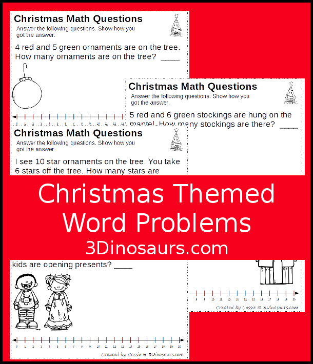 Free No-Prep Christmas Themed Addition Word Printables - 3 pages of no-prep addition and subtraction word problems with a number line - 3Dinosaurs.com #nopreprprintables #mathforkids #freeprintables