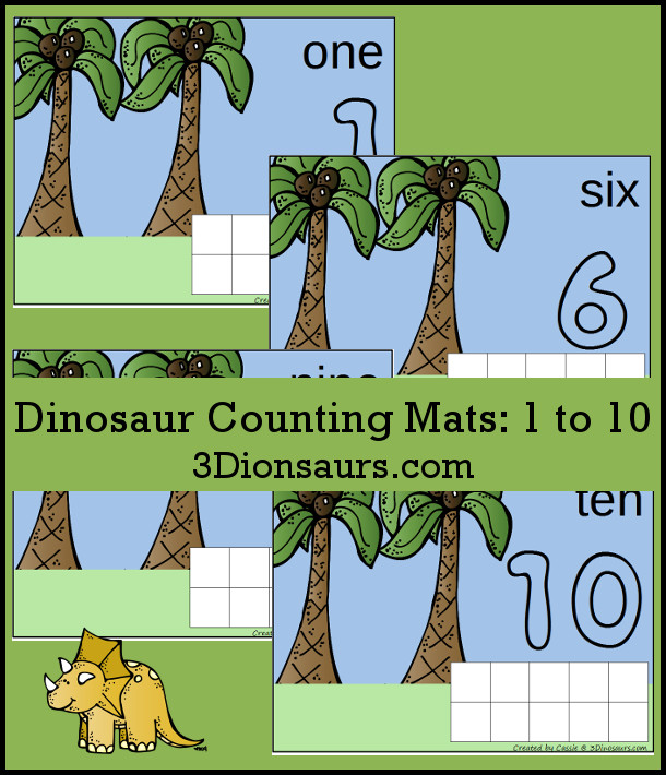 Free Dinosaur Themed Counting Mats: Number 1 to 10 - Each dinosaur counting mat has a playdough number, counting mat area and ten frame to build the number. - 3Dinosaurs.com