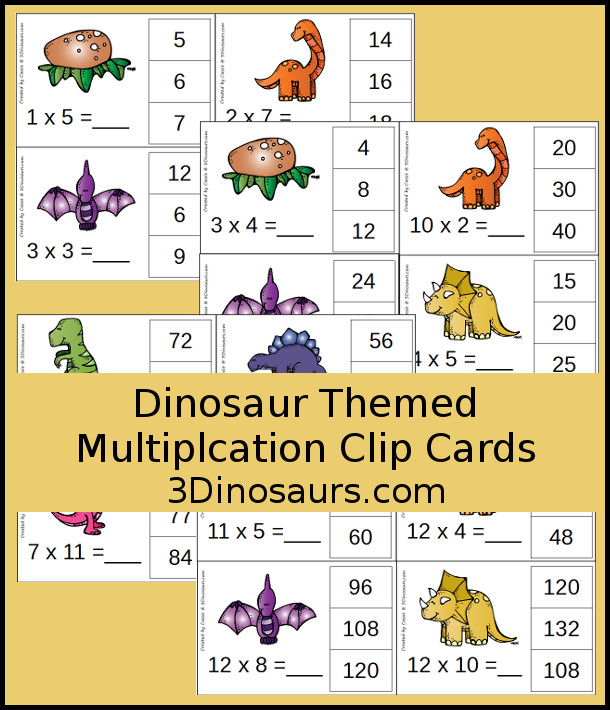 Free Dinosaur Themed Multiplication Clip Cards - 11 pages of clip cards multiplication 1 through 12 - 3Dinosaurs.com