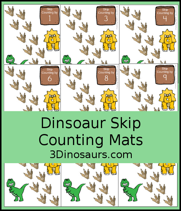 Free Dinosaur Skip Counting Mats - With 12 Skip Counting Mats with numbers from 1 to 12 with dinosaur footprints and dinosaur theme - 3Dinosaurs.com