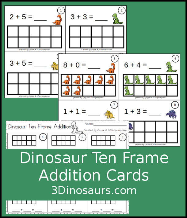 Free Dinosaur Ten Frame Addition Cards - 12 cards with recording sheet with two styles of cards - 3Dinosaurs.com