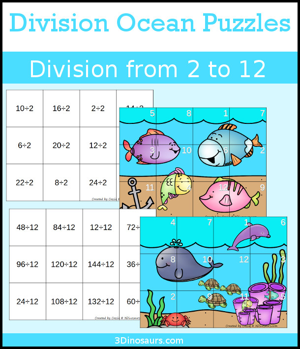 Hands-On Learning with Ocean Themed Division Puzzles - You can work on division from 2 to 12 with 11 fun learning puzzles- 3Dinosaurs.com