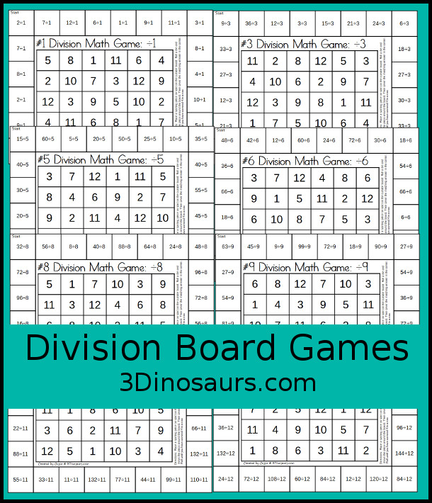 Free Division Board Game Printable - with 12 game boards to practice division while having fun practice division math facts - 3Dinosaurs.com