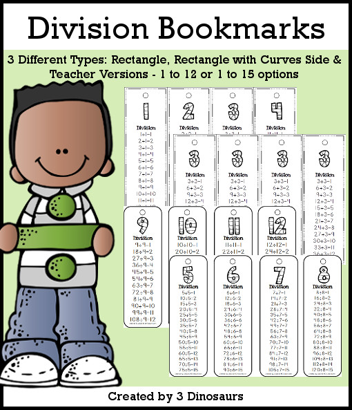 Division Bookmarks- skip counting by 1 to 12 or 1 to 15 - 3 versions with a teacher print included $2 - 3Dinosaurs.com