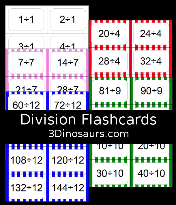 Free Division Flash Cards - with division from 1 to 12 with white, red, green, pink and blue options for the cards - 3Dinosaurs.com