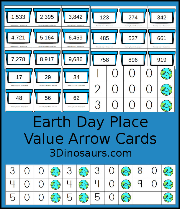 Free Earth Day Themed Place Value Arrow Cards - work on building numbers from 0 to 9999 with these earth day arrow cards. Plus use task cards to build the numbers. - 3Dinosaurs.com