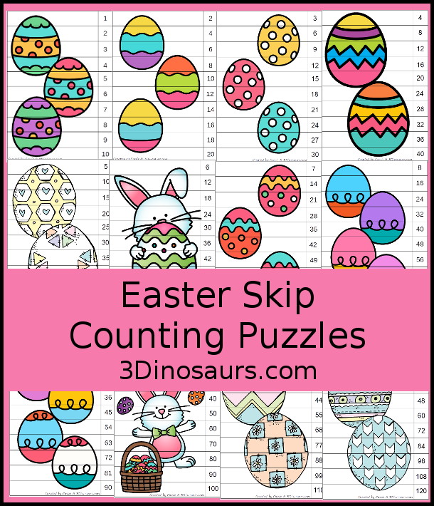 Free Easter Skip Counting Puzzles - 12 Printable Puzzles with each puzzle skip counting 10 times that you can use in first grade, second grade, and third grade for an Easter Math Center - 3Dinosaurs.com