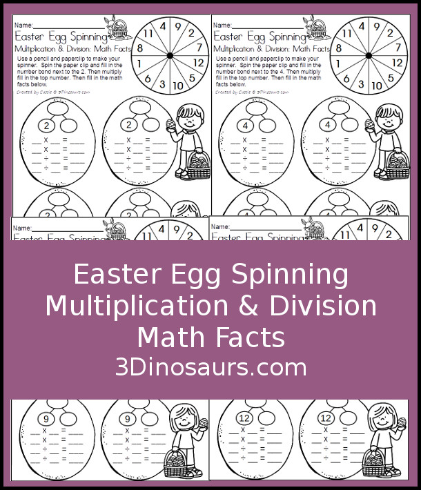 Free Easter Egg Spinning Multiplication & Division Math Facts - math facts 2 to 12 with 4 recording sheets per page with spinner - 3Dinosaurs.com 