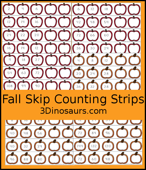 Free Fall Themed Skip Counting Strips: Apples & Pumpkins - Skip counting forward and backward with numbers 1 to 12 - 3Dinosaurs.com #3dinosaurs #nopreprintable #freeprintable #skipcounting #thirdgrade #fourthgrade
