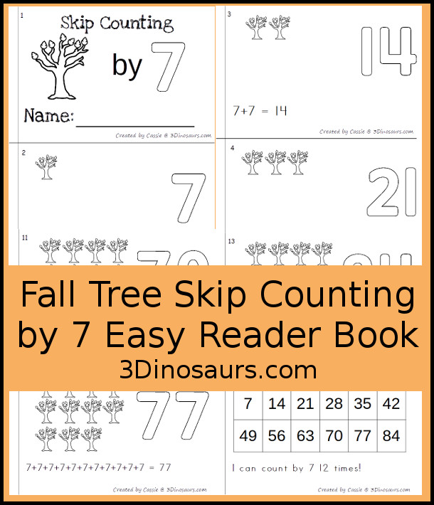 Free Fall Tree Skip Counting by 7 Easy Reader Book - a fun easy reader book for kids to work on skip counting with leaves by 7s - 3Dinosaurs.com